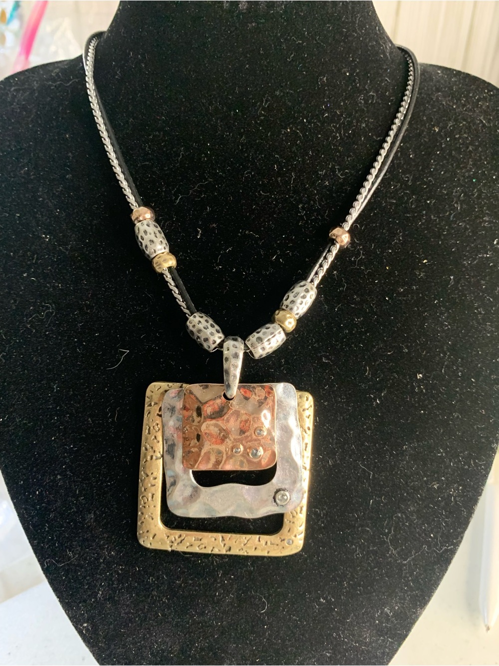 Laura Ashley Mixed Metal Layered Square Pendant Necklace - Silver, Gold, Copper